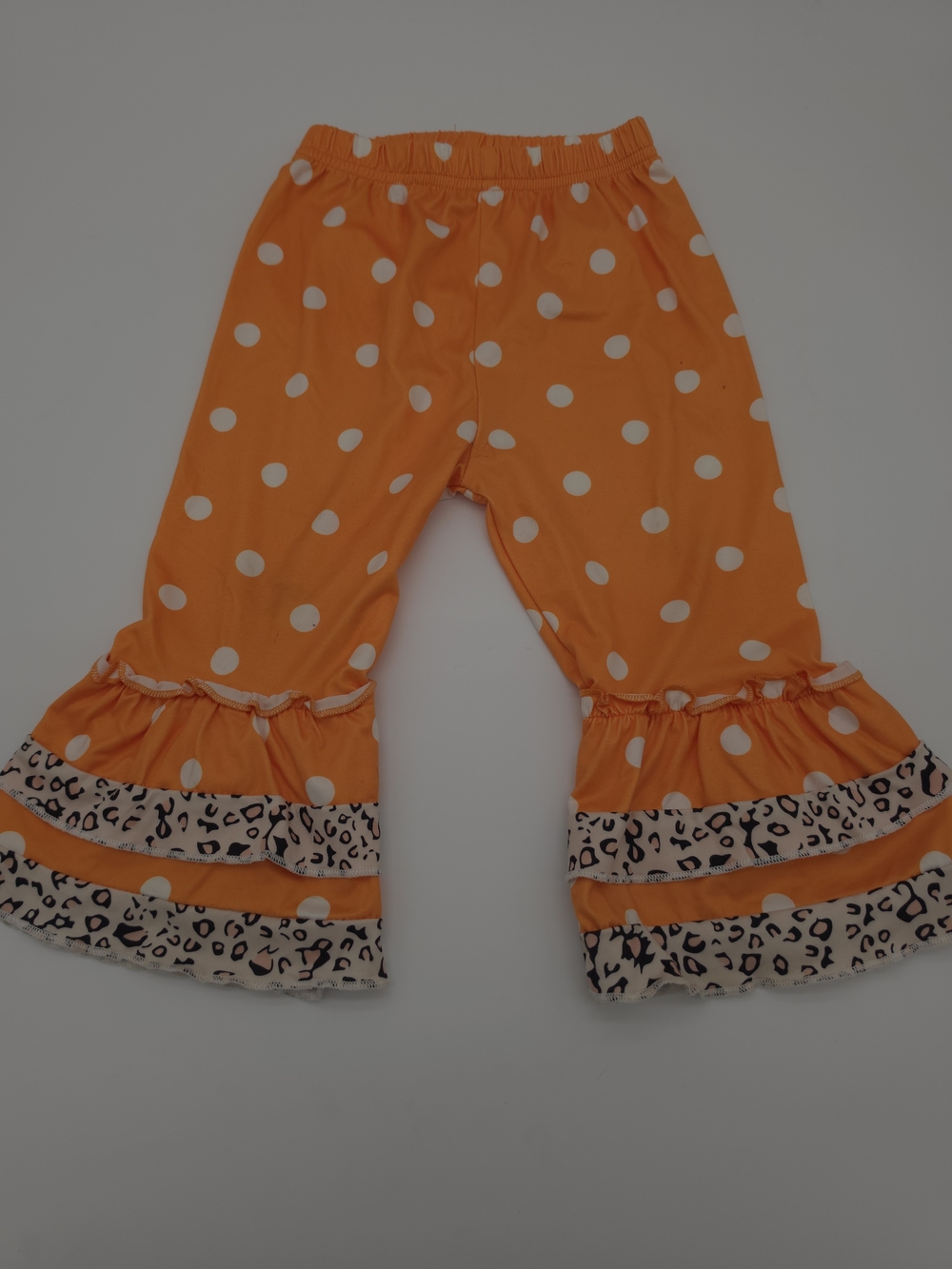 Girls Orange Polka Dot Ruffle Pants with Leopard Trim 2-3 T